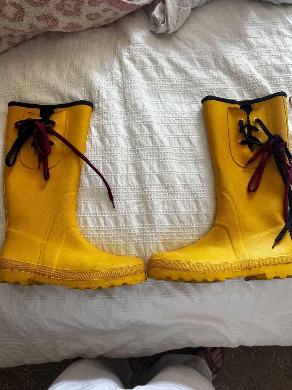 J. Crew Yellow Rain Boots with Black Trim and Burgundy Laces
